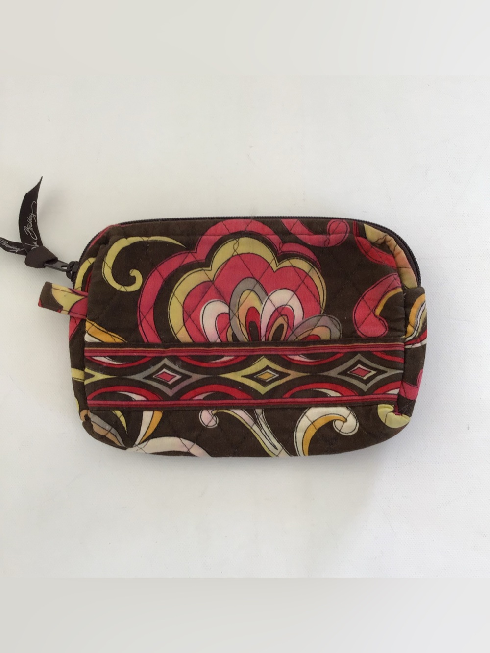 Vera Bradley Brown Floral Quilted Cosmetic Pouch with Pink & Yellow Accents